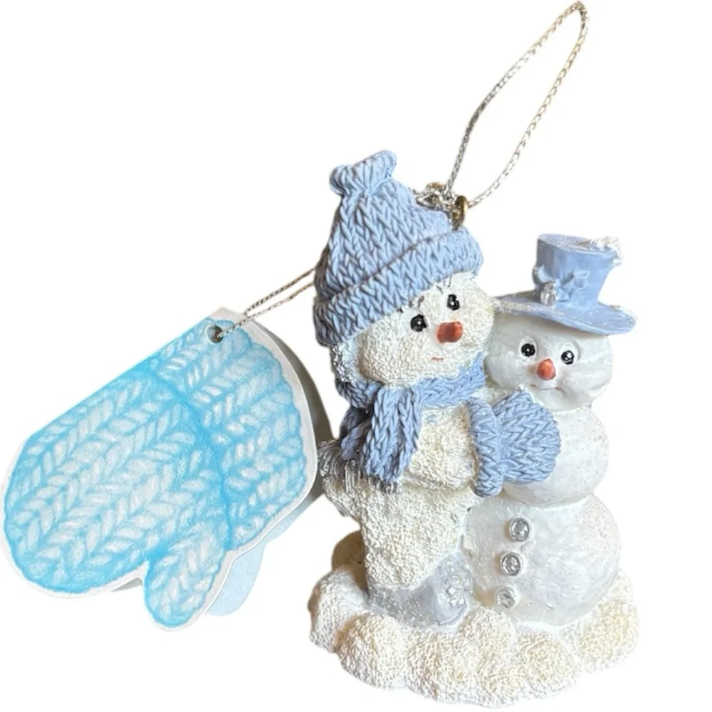 Snowman Christmas Ornament Vintage Snow Buddies Collectible White Blue Silver